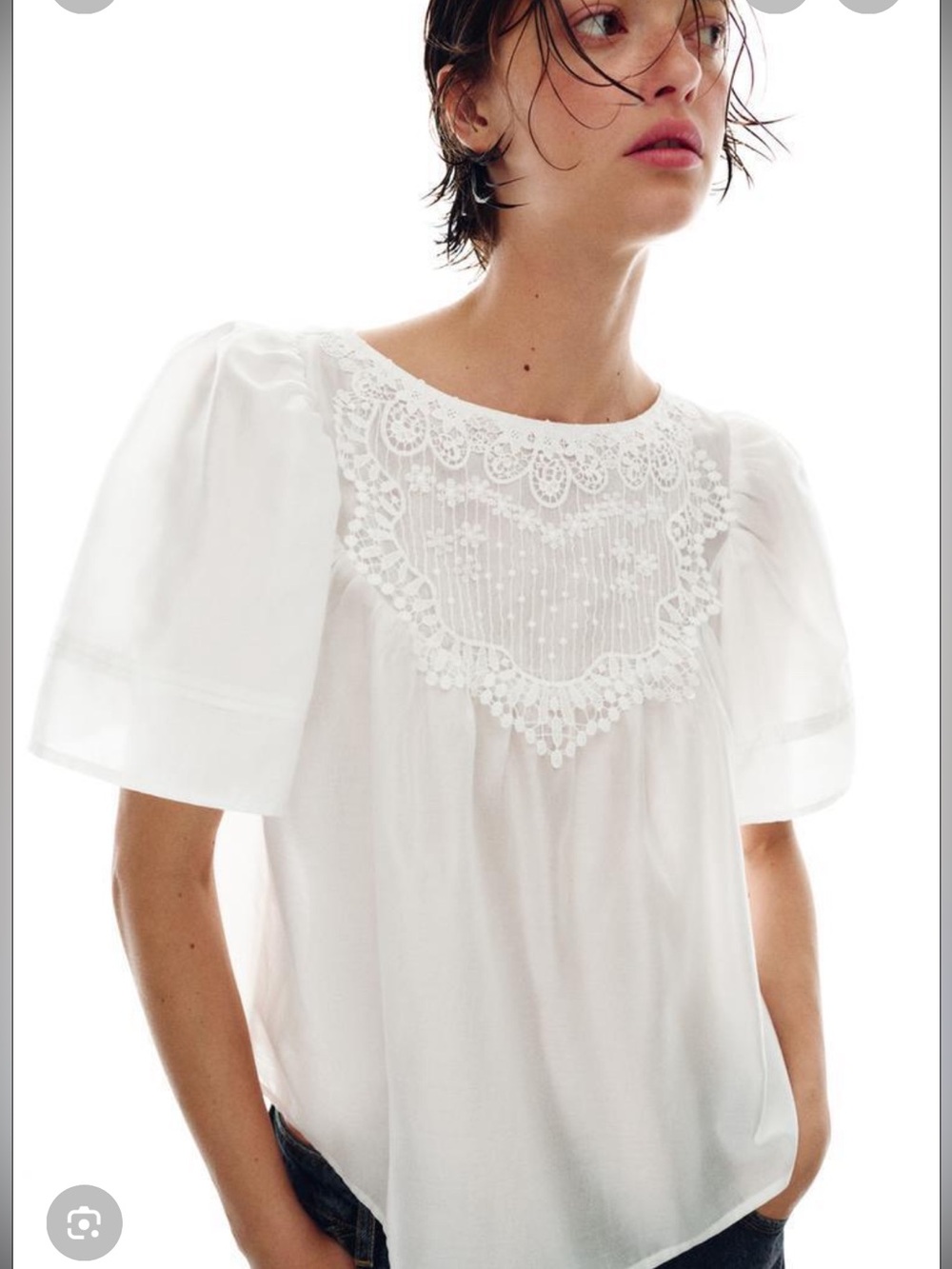 ZARA White Lace Yoke Puff Sleeve Blouse